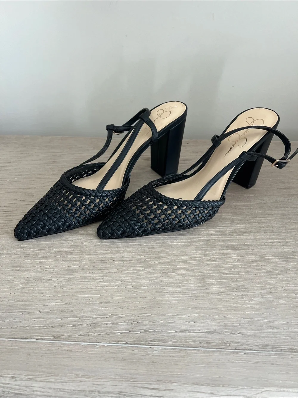 Women’s Jessica Simpson Nyara Black Woven Pointed Slingback Heels size 10